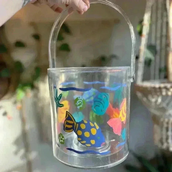 Vintage 90’s Acrylic Ice Bucket Retro Clear Tropical Fish & Beach Theme Decor - Picture 4 of 7